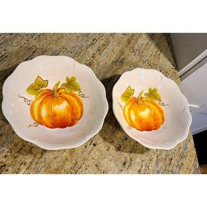 Maxcera Pumpkin Large Serving Bowls Thanksgiving 9.5". Set of 2